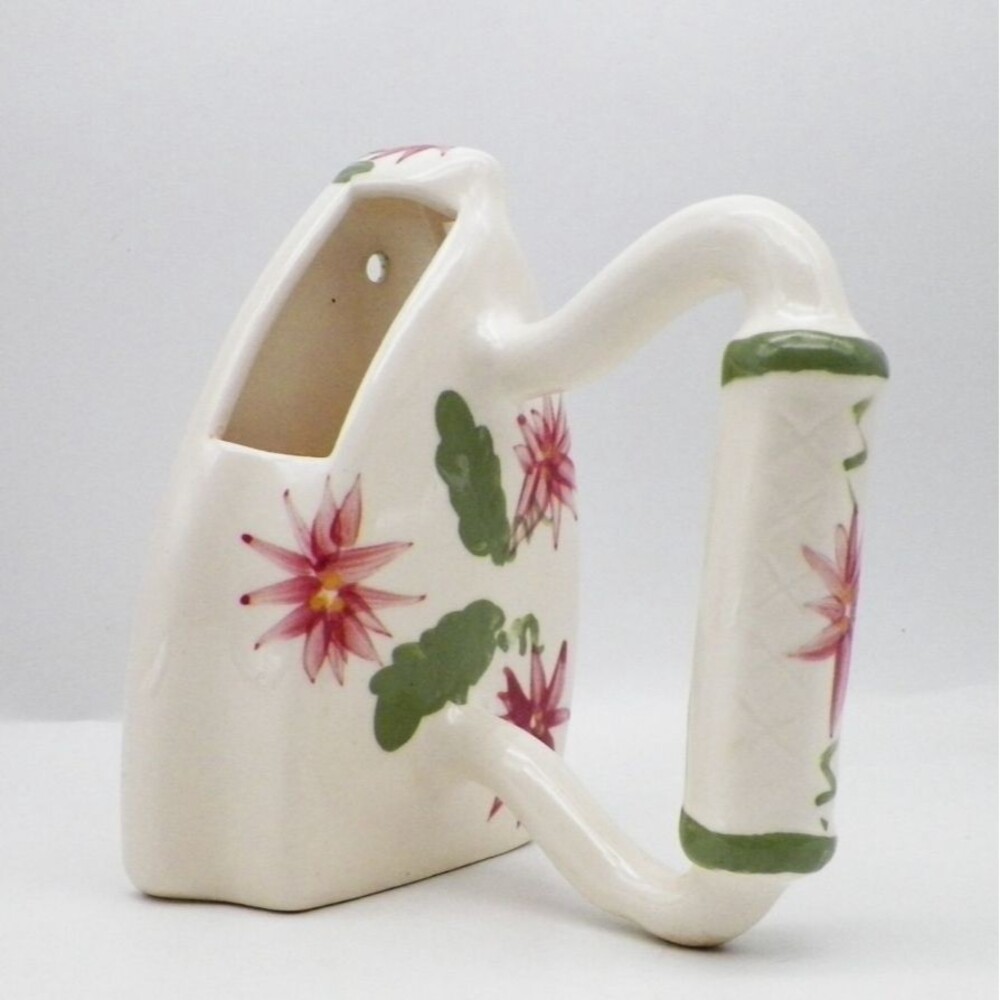 Vintage Ceramic Flat Iron Wall Pocket Vase Hand Painted Pink Floral Planter